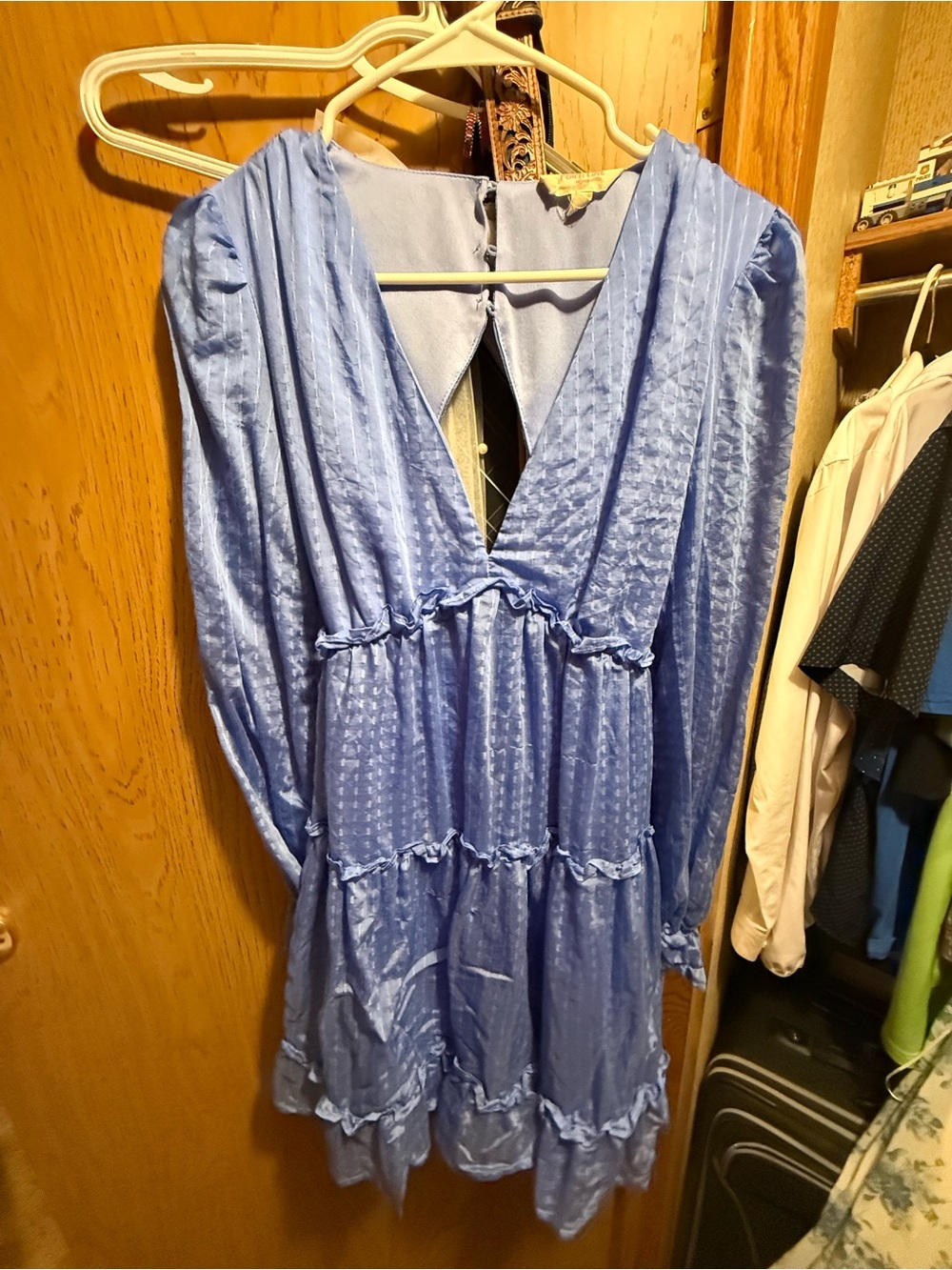 Peach Love California Light Blue V-Neck Long Sleeve Tiered Dress